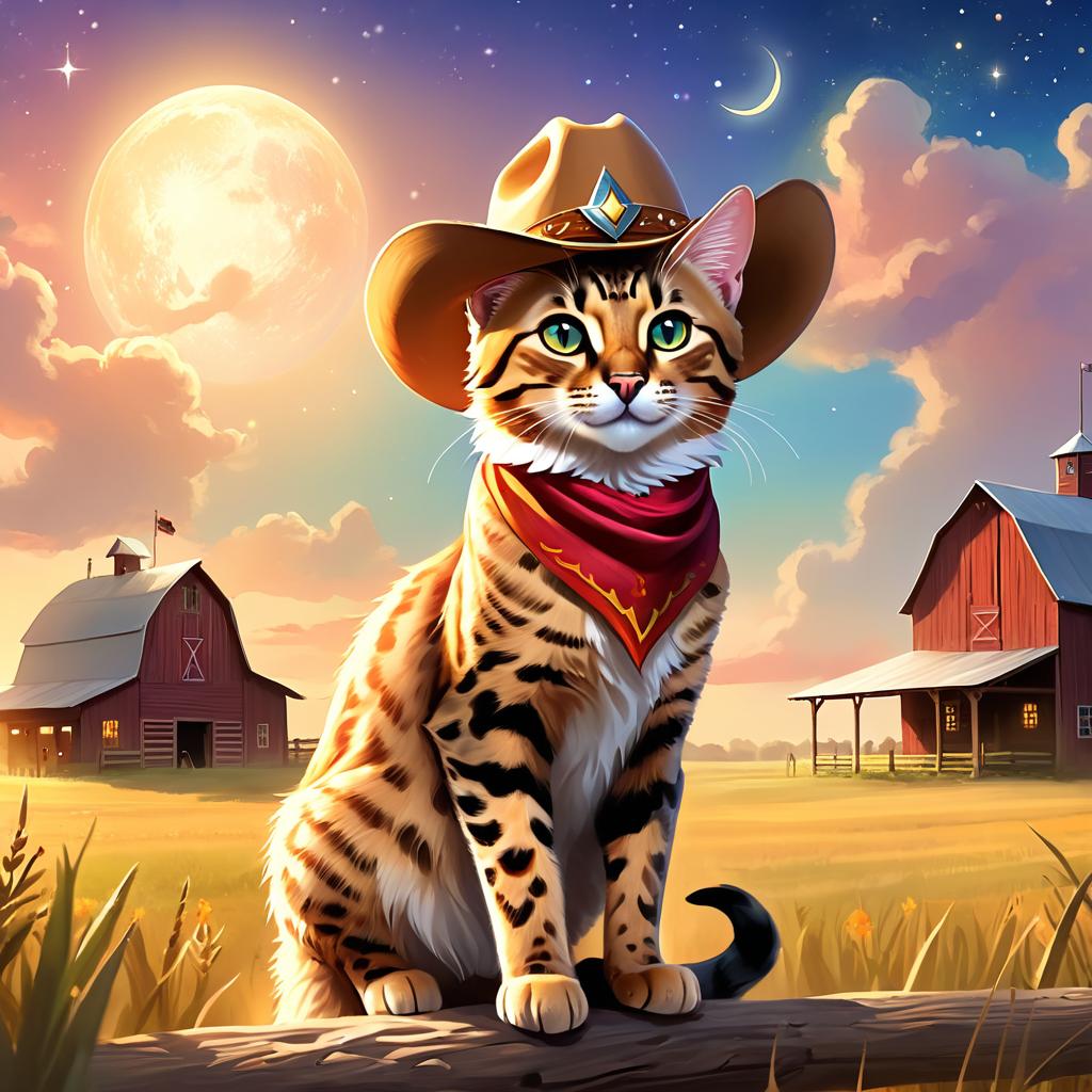 savannah cat as a cowboy wearing a hat, in the midwest countryside, on a farm.