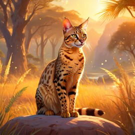 savannah cat during golden hour, with a celestial and magical atmosphere, capturing their beauty in a dreamy setting.