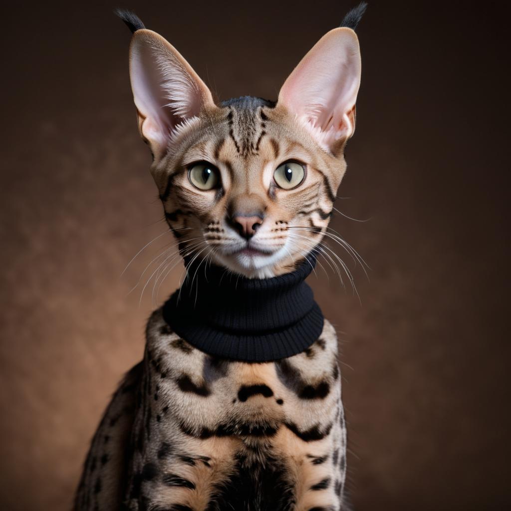 professional headshot of savannah cat wearing a black turtleneck for a cv or linkedin, studio photo.