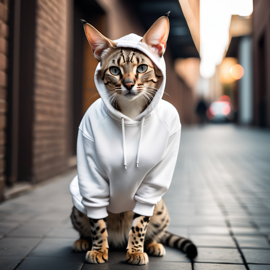 savannah cat in a white hoodie, showcasing a modern urban setting with a cute and stylish look.