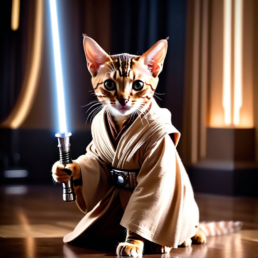 savannah cat as a jedi knight, featuring a lightsaber and a star wars environment in a high-detail, epic style.