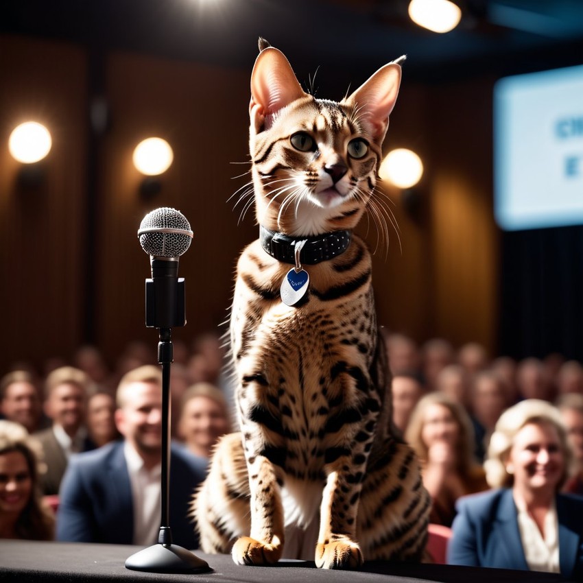 savannah cat as a keynote speaker on stage, dressed elegantly, holding a microphone, exuding charisma and confidence.