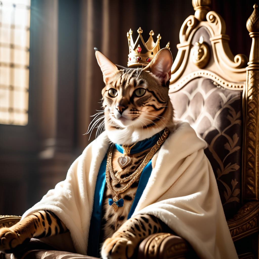 savannah cat as a king in a magical castle, wearing a crown and robe, seated on a throne.