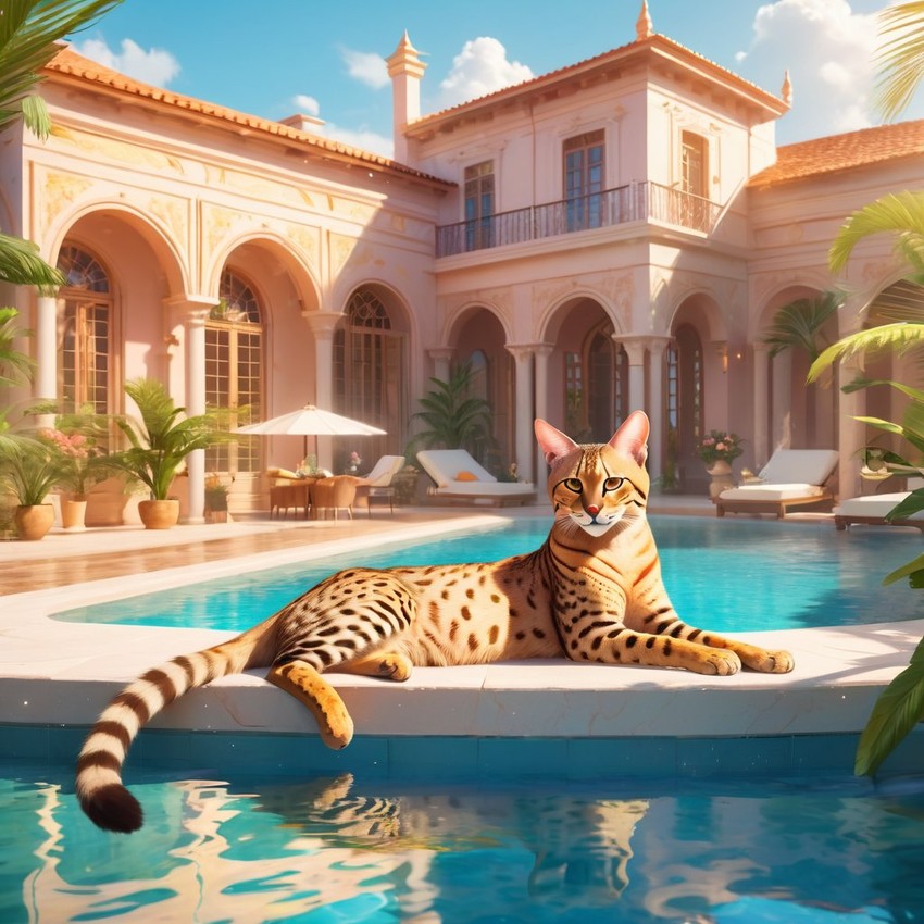 savannah cat suntanning next to a luxurious villa pool, capturing a posh and magical moment.