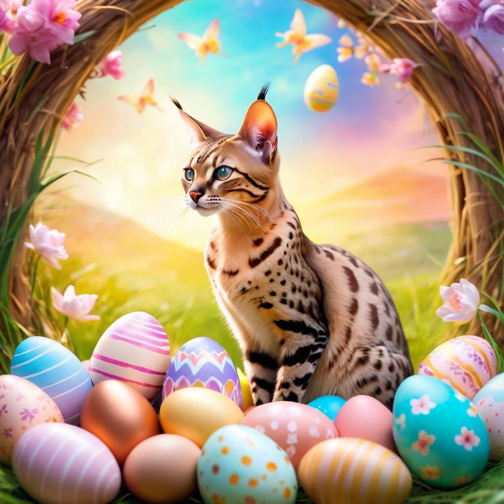 savannah cat in a magical easter setting with colorful eggs, ethereal and dreamy details.