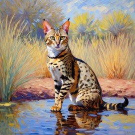 savannah cat in the style of monet, featuring delicate brush strokes and a classic, artistic appearance.