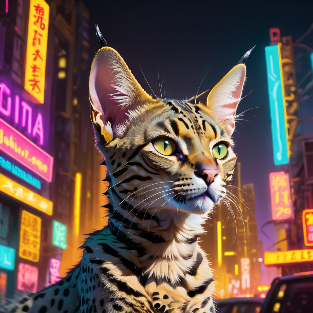 savannah cat in a vibrant neon city with chinapunk style, featuring captivating lighting and a modern, exotic look.