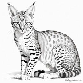 pencil sketch drawing of savannah cat, detailed line art in black and white, capturing a timeless and elegant representation.