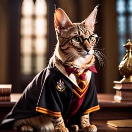 savannah cat as harry potter, with glasses and hogwarts setting, capturing the magical and epic essence.