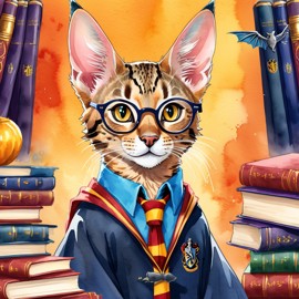 watercolor painting of savannah cat as harry potter, complete with glasses and hogwarts backdrop, highlighting a vibrant and magical scene.