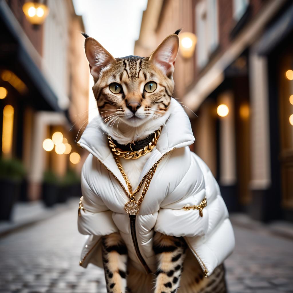 savannah cat in a large white puffer coat with golden hip hop chains, set in a posh urban environment.