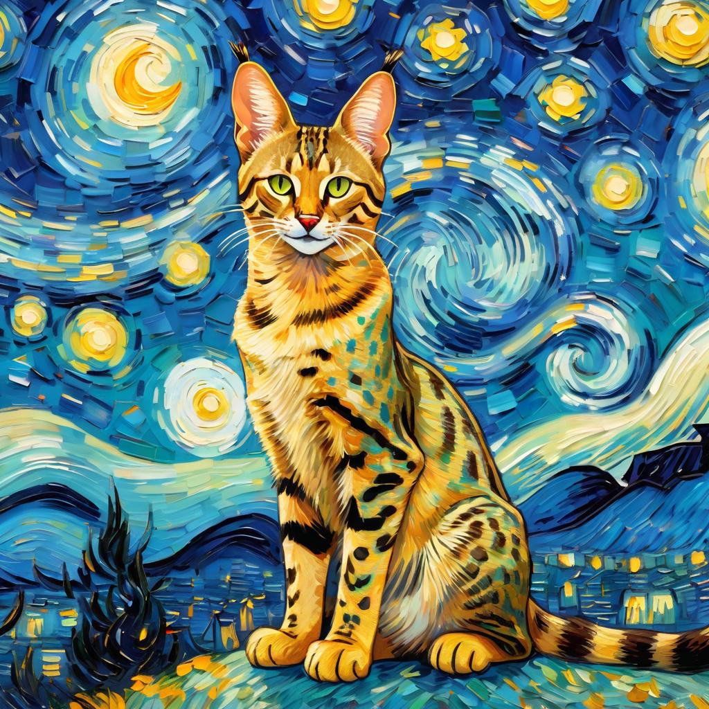 savannah cat by van gogh, featuring starry night brush strokes, capturing a cute and happy expression.