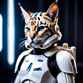 savannah cat as stormtrooper from star wars, dressed as a stormtrooper in a detailed star wars scene.