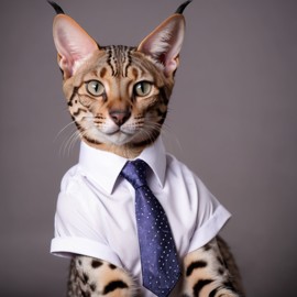 savannah cat in a stylish shirt and tie, with a diffused background, capturing their cute and professional side.