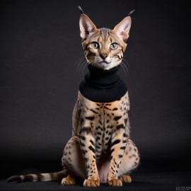 savannah cat in a black turtleneck, against a diffused background, looking cute and elegant.