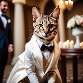 savannah cat in a beautiful wedding suit, capturing a cute and happy moment in a romantic environment.