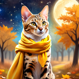 savannah cat in a yellow scarf, ethereal and magical style.