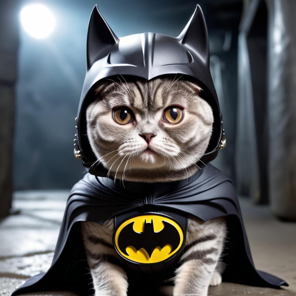 scottish fold cat as batman in batcave, wearing batman suit and mask, highly detailed.