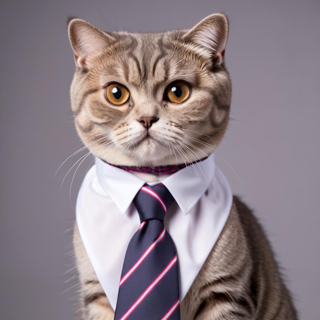 professional headshot of scottish fold cat wearing a shirt and tie for a cv or linkedin, studio photo.