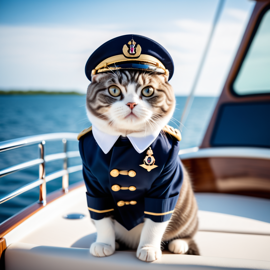 scottish fold cat as a captain on a luxury yacht, wearing captain uniform, against a blue sea.