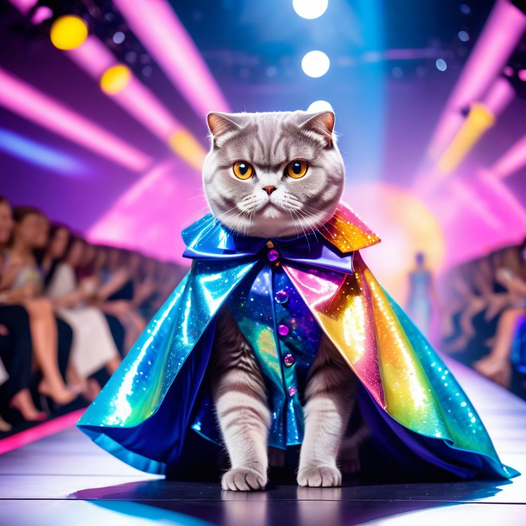 scottish fold cat strutting down the fashion show catwalk stage in an extravagant cosmic-themed outfit with iridescent fabrics, high energy and extravagant.