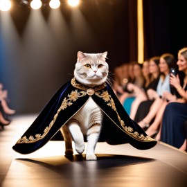 scottish fold cat strutting down the fashion show catwalk stage in a luxurious velvet cape with gold embroidery, high energy and majestic.