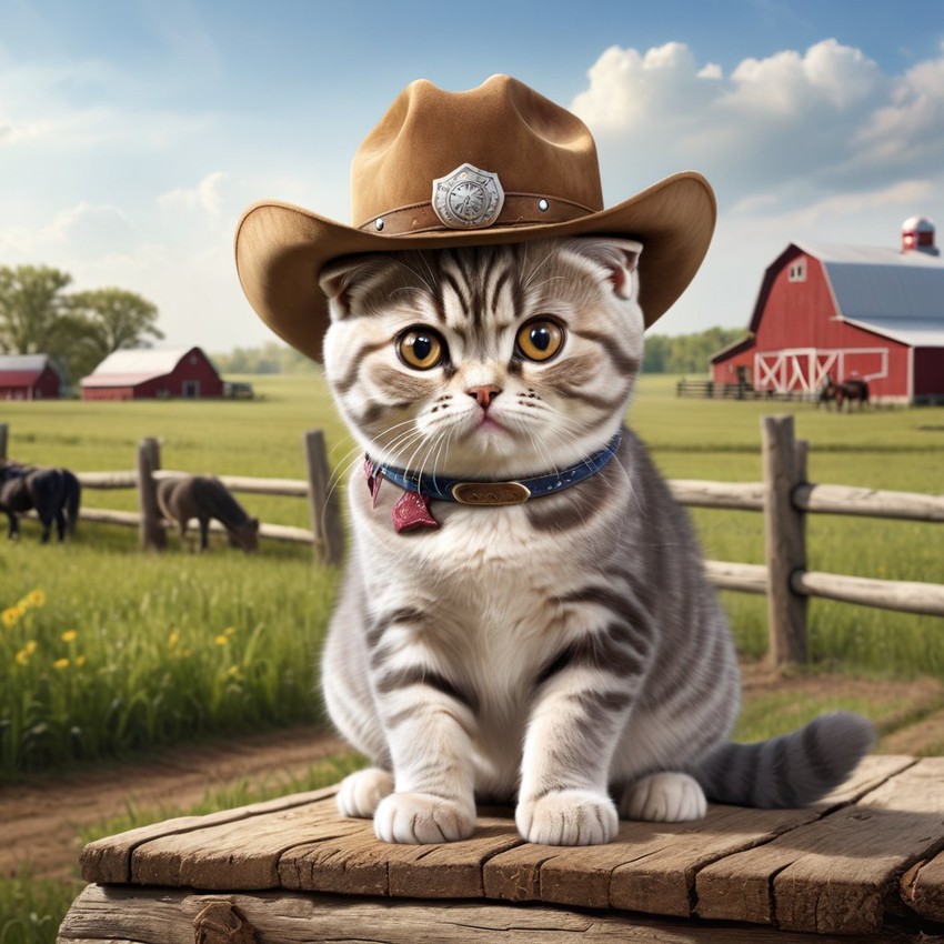 scottish fold cat as a cowboy wearing a hat, in the midwest countryside, on a farm.