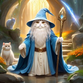 scottish fold cat as gandalf, with a white beard and magical surroundings, ethereal and majestic.