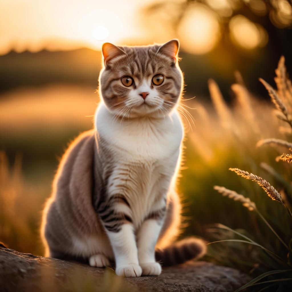 scottish fold cat in golden hour light, highlighting their beauty in nature with a moody and detailed atmosphere.