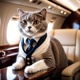 scottish fold cat in a gulfstream private jet, dressed in elegant clothing, capturing a posh and happy moment.