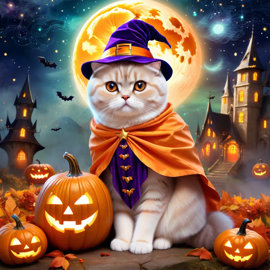 scottish fold cat in a halloween costume, with a magical and ethereal atmosphere surrounded by pumpkins.