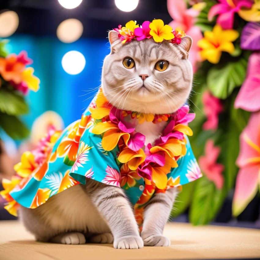 scottish fold cat strutting down the fashion show catwalk stage in a vibrant hawaiian shirt and a floral lei, high energy and joyful.