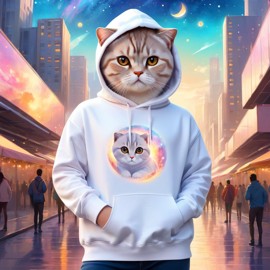 scottish fold cat in a white hoodie, featuring a magical and ethereal urban setting with a cute and happy vibe.