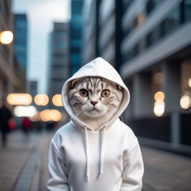 scottish fold cat in a white hoodie, showcasing a modern urban setting with a cute and stylish look.