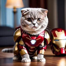 scottish fold cat as iron man, featuring a detailed iron man costume and a high-budget movie scene.