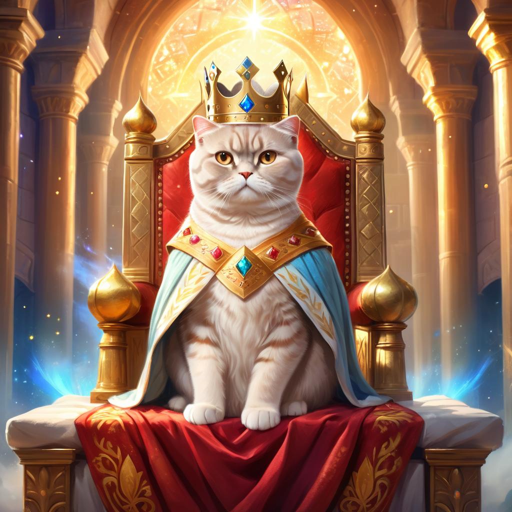 ethereal fantasy art of scottish fold cat as a king in a magical castle, wearing a crown and robe with a majestic, painterly style.