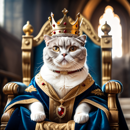 scottish fold cat as a king in a magical castle, wearing a crown and robe, seated on a throne.