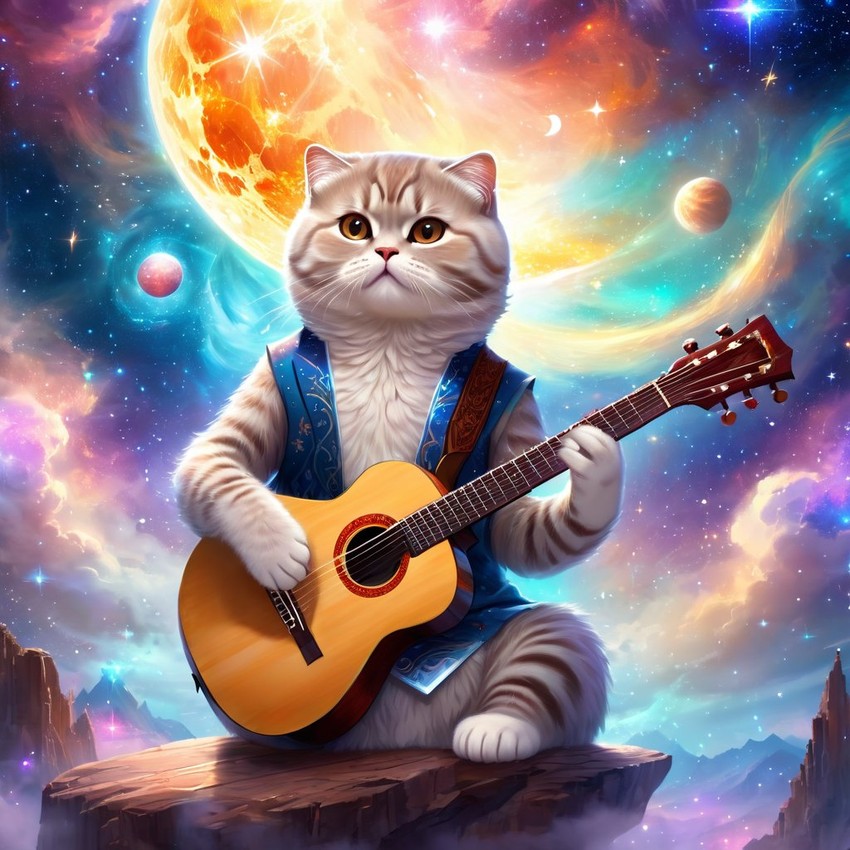 scottish fold cat as a musician in an ethereal fantasy setting, playing guitar with a majestic and magical touch.