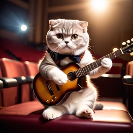 scottish fold cat as a musician playing guitar in a cinematic concert hall, capturing dynamic and high-energy performance.