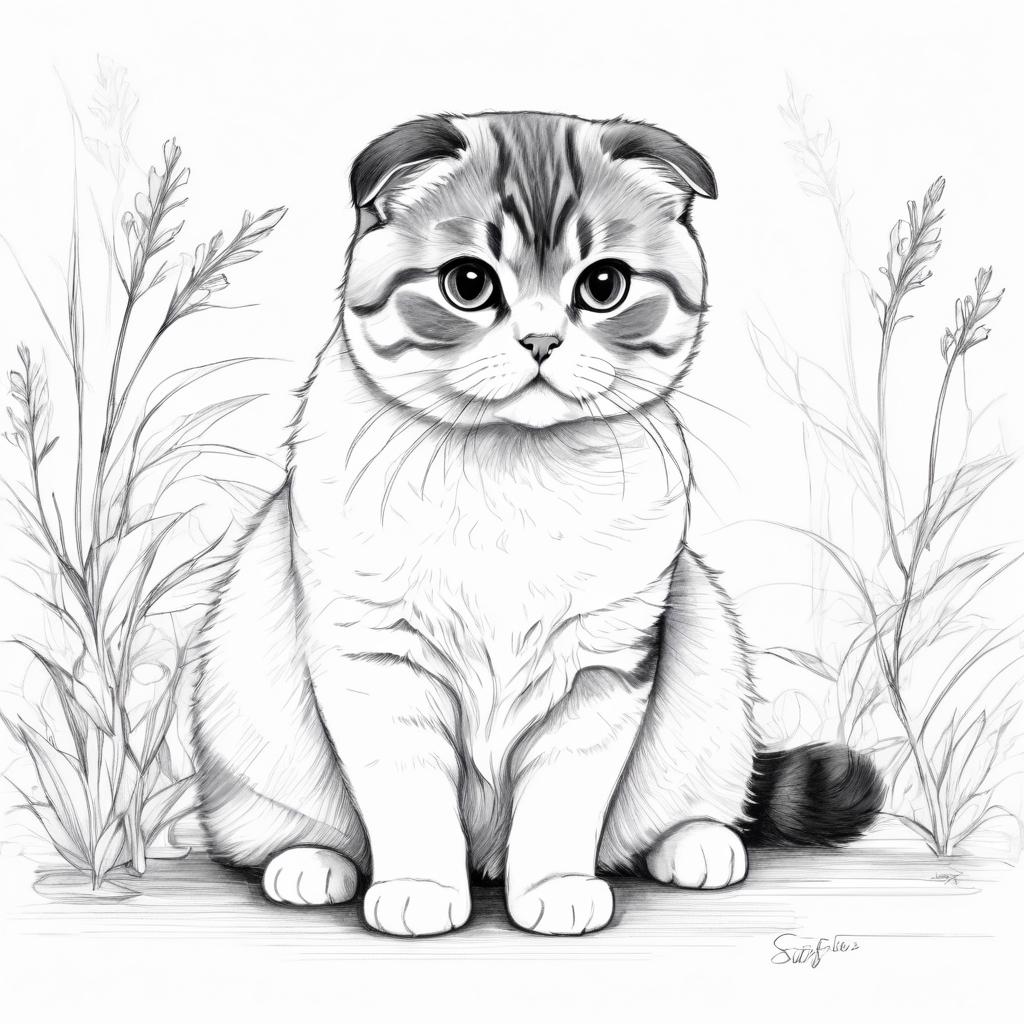 pencil sketch drawing of scottish fold cat, detailed line art in black and white, capturing a timeless and elegant representation.