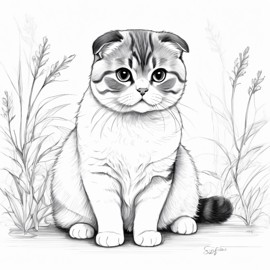 pencil sketch drawing of scottish fold cat, detailed line art in black and white, capturing a timeless and elegant representation.