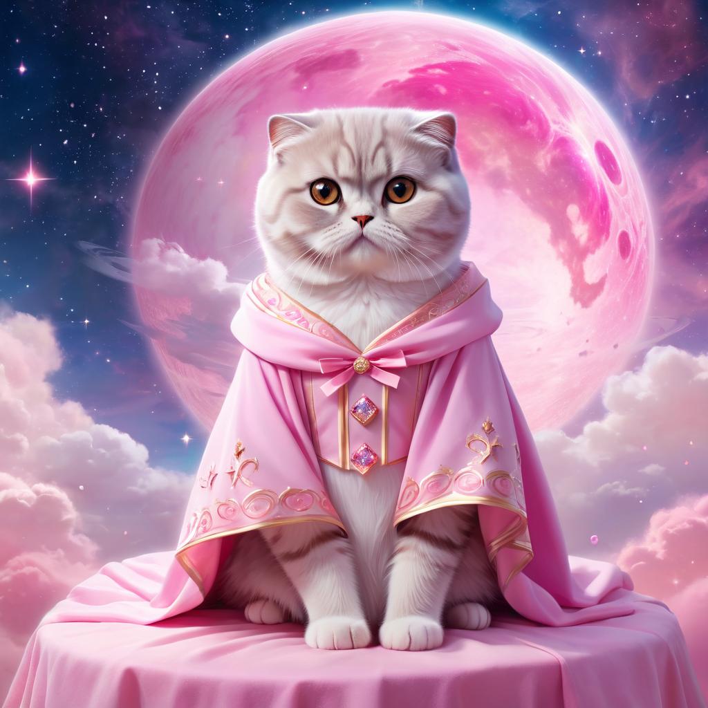 scottish fold cat in pink clothing, set in a beautiful pink scene with a dreamy, magical vibe.