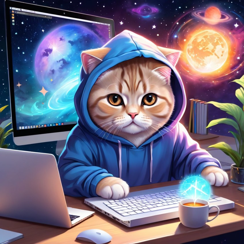 scottish fold cat as a programmer, working on a laptop in a hoodie, capturing a cute and magical moment.