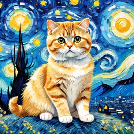 scottish fold cat by van gogh, featuring starry night brush strokes, capturing a cute and happy expression.