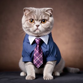 scottish fold cat in a stylish shirt and tie, with a diffused background, capturing their cute and professional side.