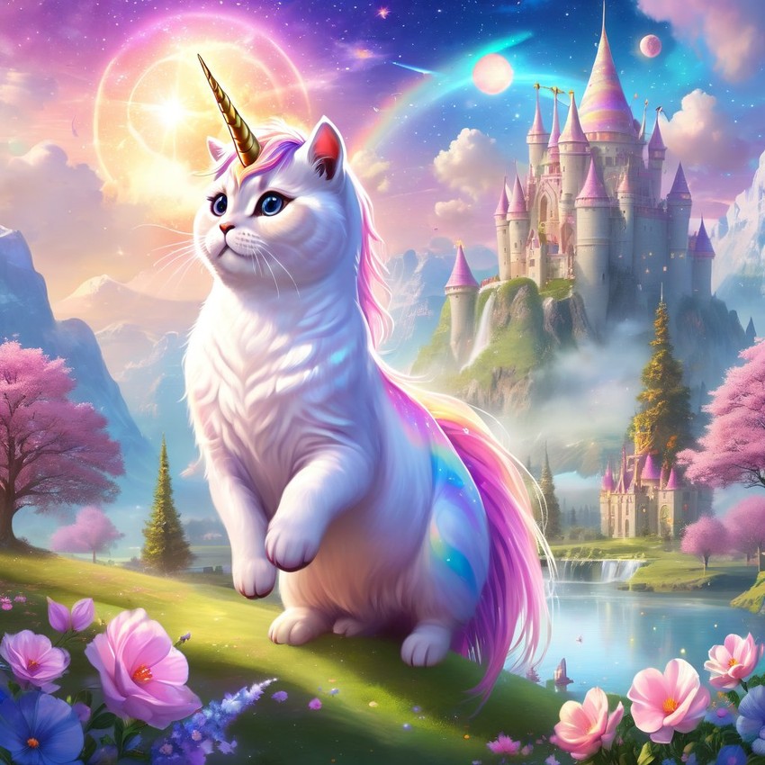 scottish fold cat as a unicorn in a magical fairytale environment, capturing an ethereal and majestic scene.