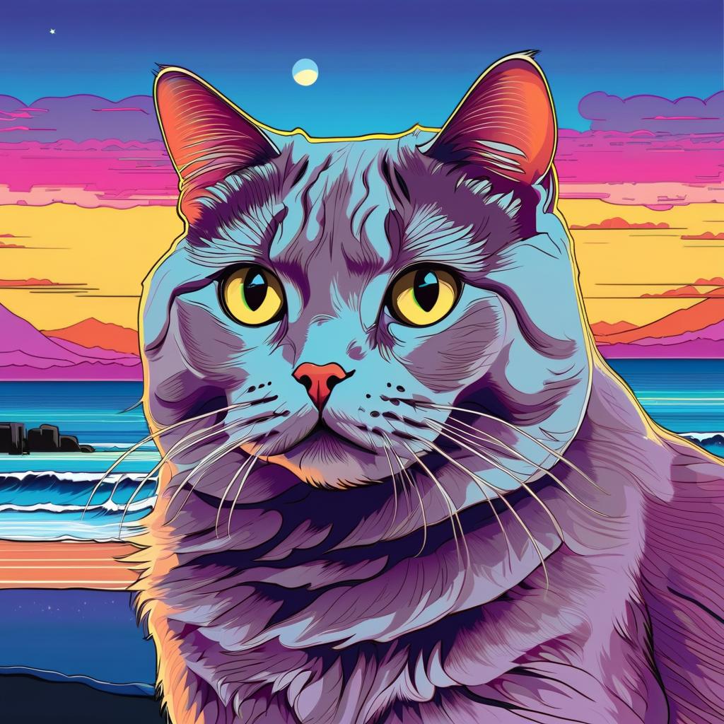 anime artwork of scottish fold cat in city pop style, retro vaporwave, night view, summer beach scene.