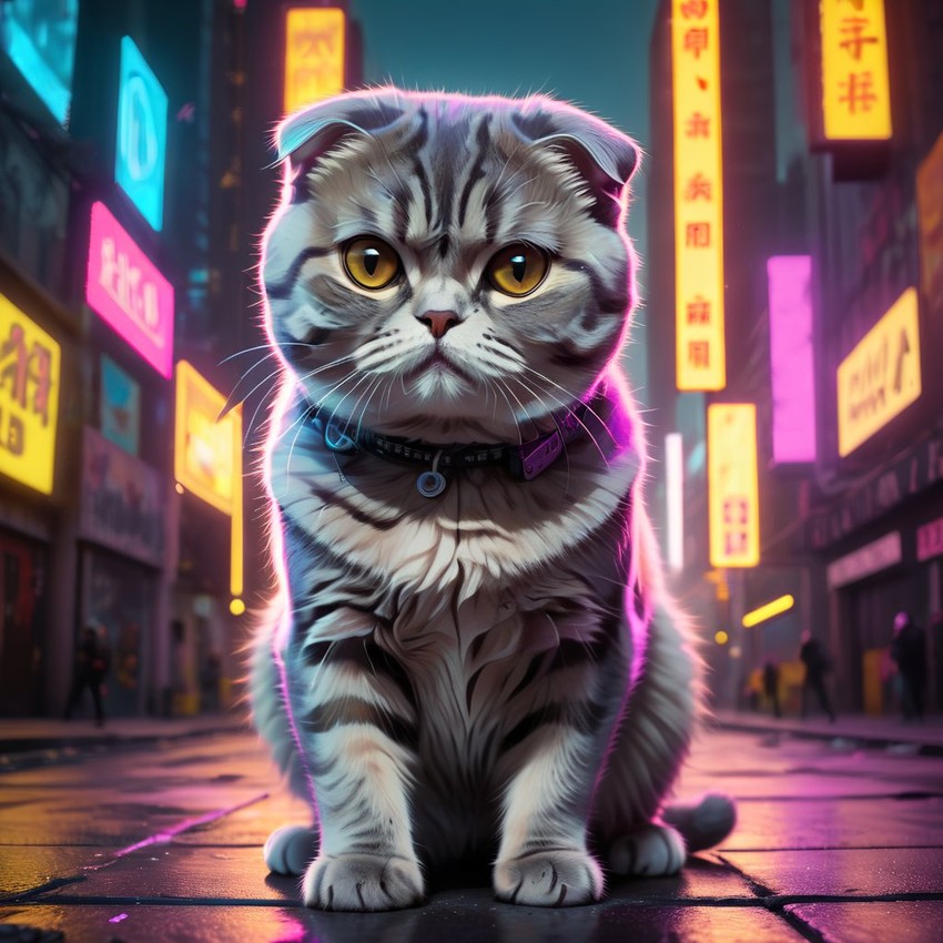 scottish fold cat in a vibrant neon city with chinapunk style, featuring captivating lighting and a modern, exotic look.