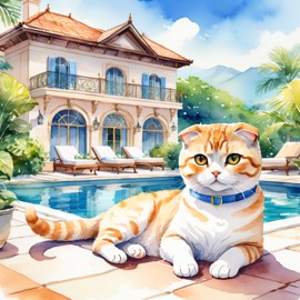 watercolor illustration of scottish fold cat suntanning next to a luxurious villa pool, capturing a posh and vibrant scene.