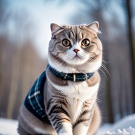 scottish fold cat in a beautiful winter scene, wearing stylish winter clothing, looking cute and happy.